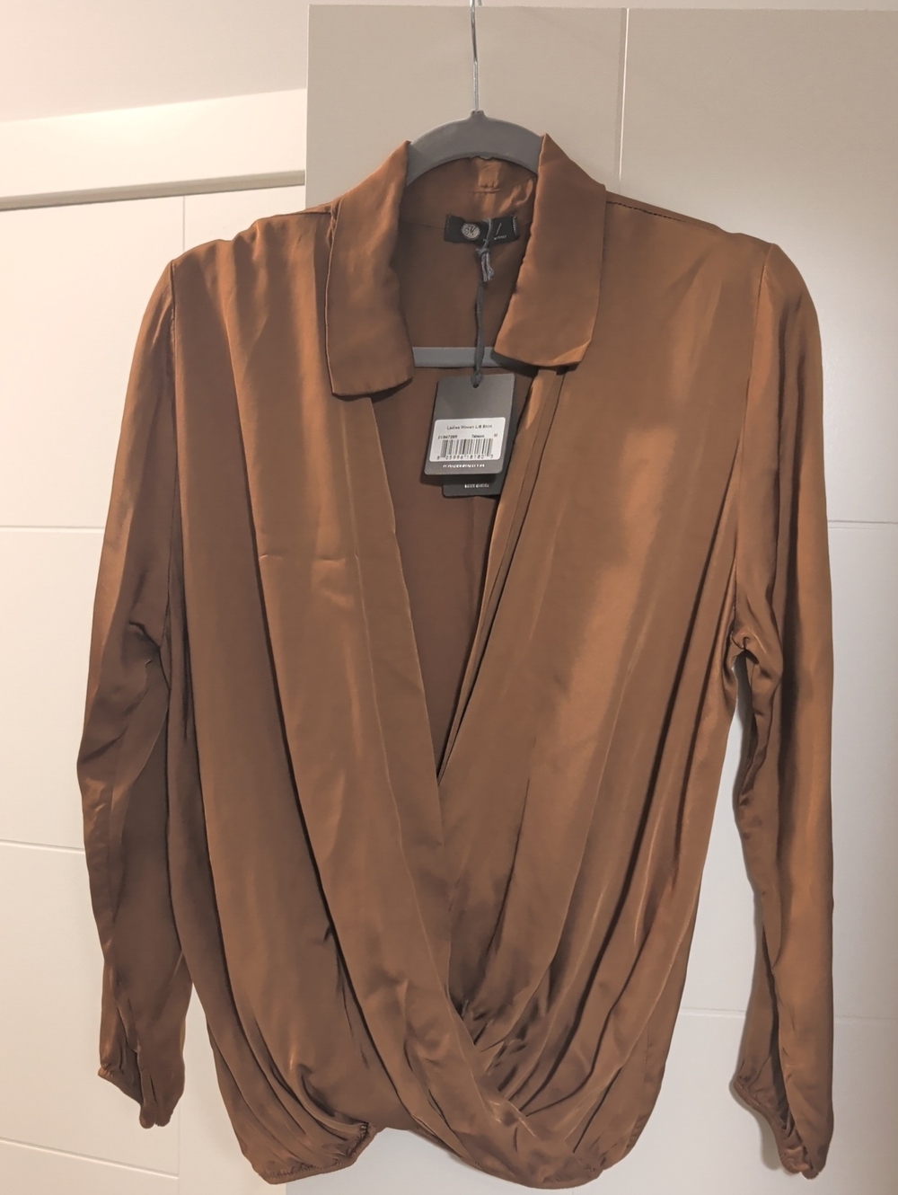 Womens Brown Satin Wrap Blouse - V-Neck Long Sleeve